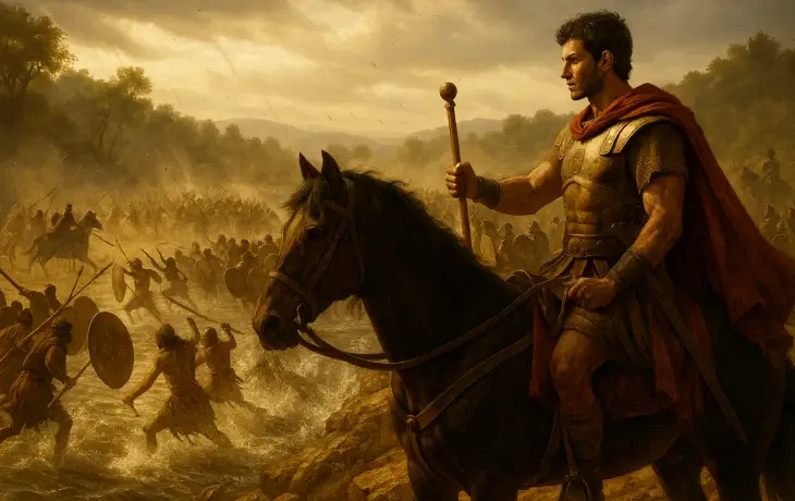 Hannibal’ın Tagus Nehri kıyısında Carpetani kabileleriyle çarpışmayı yönettiği, süvari ve piyadelerin yoğun hareket ettiği savaş sahnesi.